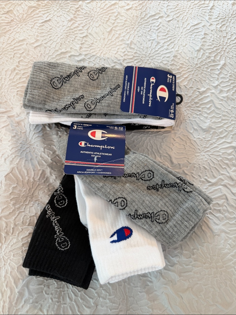 2 sets of Champion Men’s 3-Pack Crew Athletic Socks - Black, White, Gray